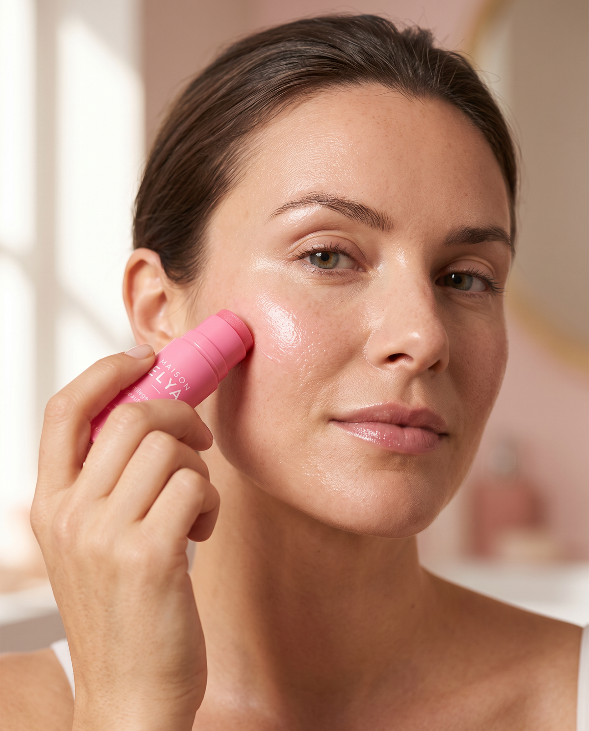 Frau trägt den Kollagen-Plumping-Balsam von MAISON ELYA auf die Wange auf